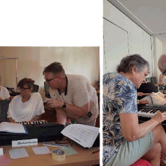 2 Bilder auf denen Menschen auf einem Keybord spielen