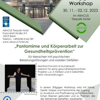 Vorderseite Flyer ANUAS Workshop "Pantomime und Körperarbeit zur Gesundheitsprävention"