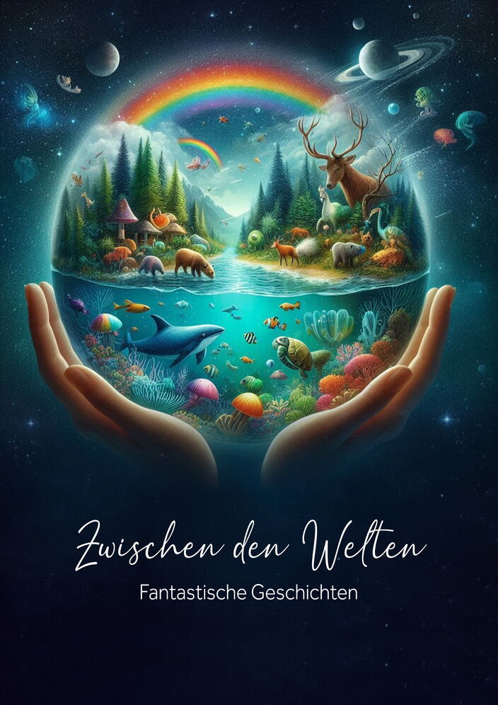 Geöffnete Hände halten eine gläserne Kugel im unteren Teil mit einen Fluss, Korallen und Fischen gefüllt und im oberen Teil Tiere die an dem Fluss trinken, im Hintergrund Wald, Berge und eine Regenbogen