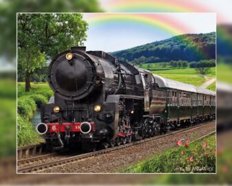 Ein Zug mit einer schwarzen Lokomotive